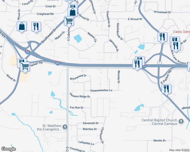 map of restaurants, bars, coffee shops, grocery stores, and more near 409 West Parker Road in Jonesboro