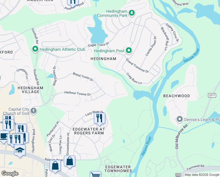map of restaurants, bars, coffee shops, grocery stores, and more near 1806 Crystal Downs Lane in Raleigh