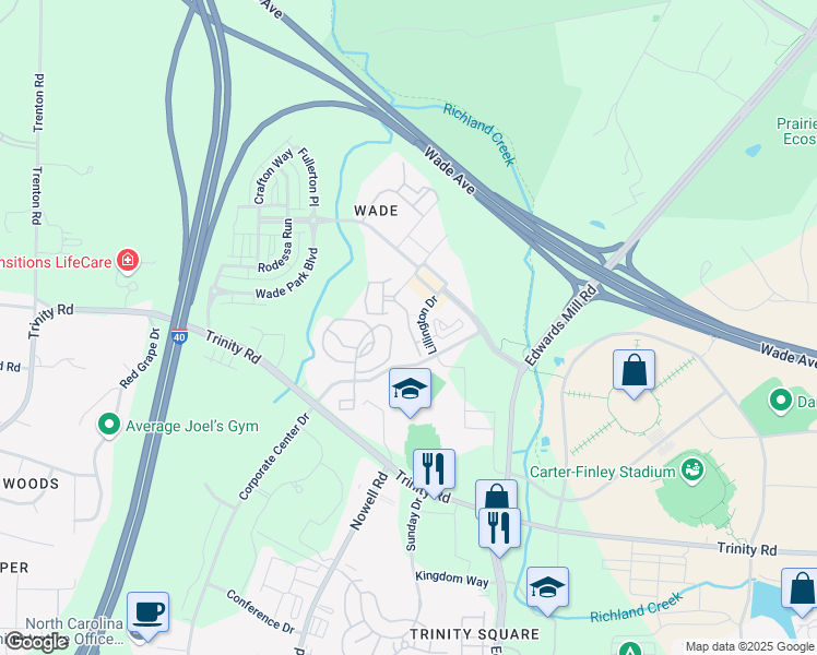 map of restaurants, bars, coffee shops, grocery stores, and more near Summerford Drive in Raleigh