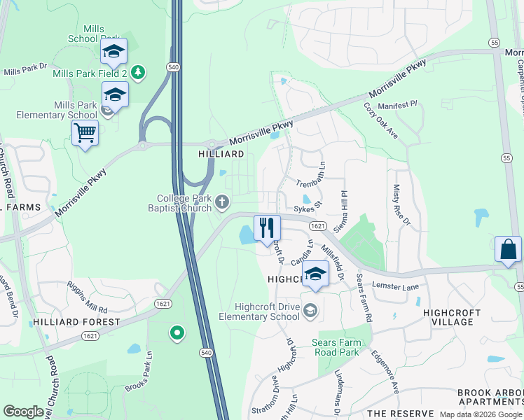 map of restaurants, bars, coffee shops, grocery stores, and more near 7216 Green Hope School Road in Cary