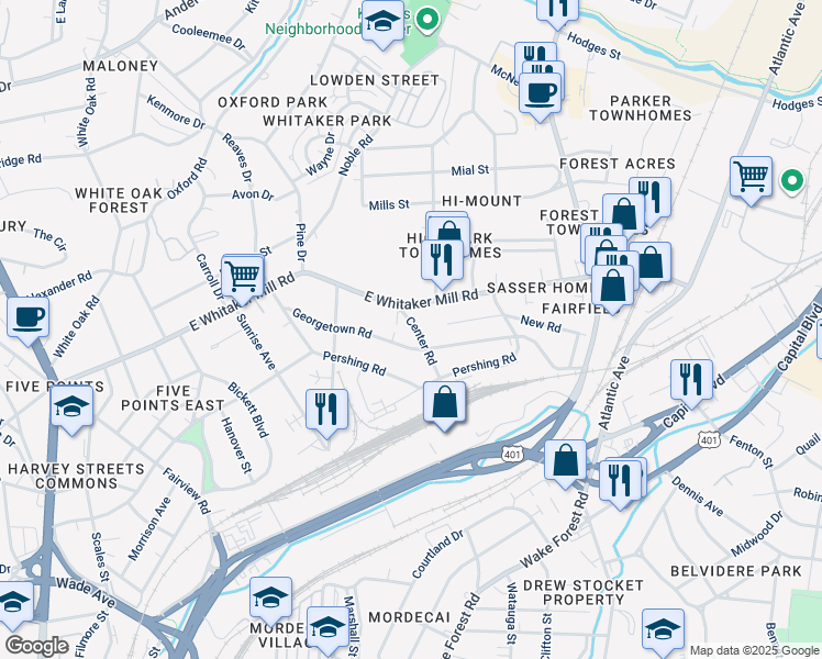 map of restaurants, bars, coffee shops, grocery stores, and more near 1709 Center Road in Raleigh