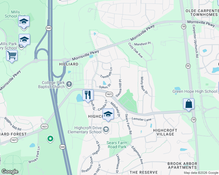 map of restaurants, bars, coffee shops, grocery stores, and more near 4016 Sykes Street in Cary