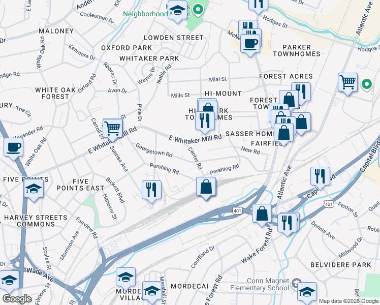 map of restaurants, bars, coffee shops, grocery stores, and more near 1709 Center Road in Raleigh