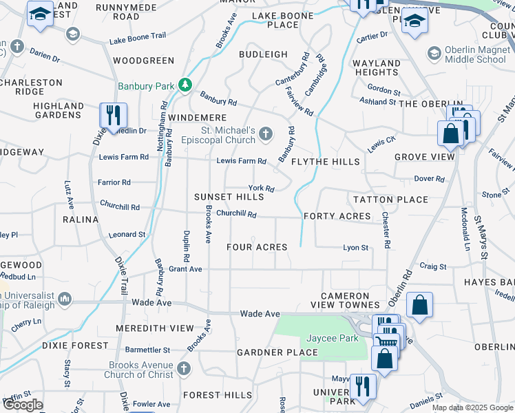 map of restaurants, bars, coffee shops, grocery stores, and more near 2620 Churchill Road in Raleigh