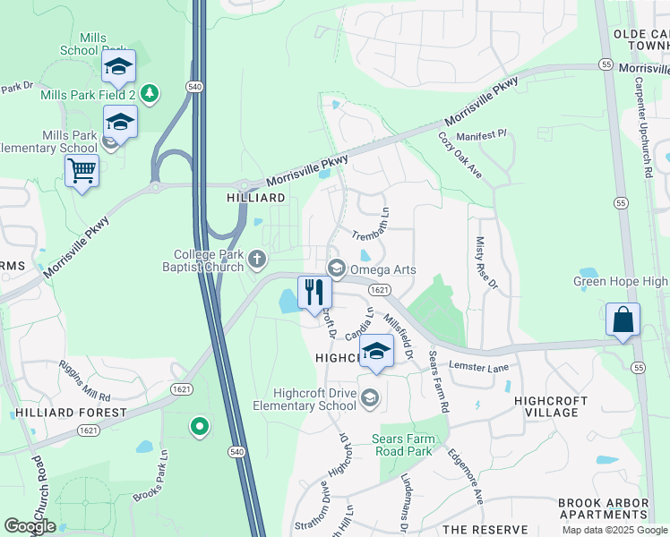 map of restaurants, bars, coffee shops, grocery stores, and more near 4975 Highcroft Drive in Cary