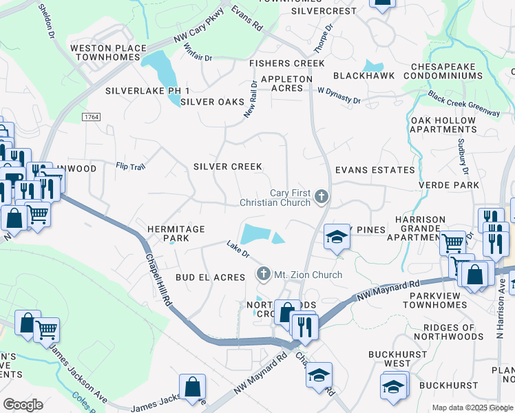map of restaurants, bars, coffee shops, grocery stores, and more near 404 Silvergrove Drive in Cary