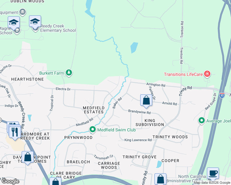 map of restaurants, bars, coffee shops, grocery stores, and more near 1815 Medfield Road in Raleigh