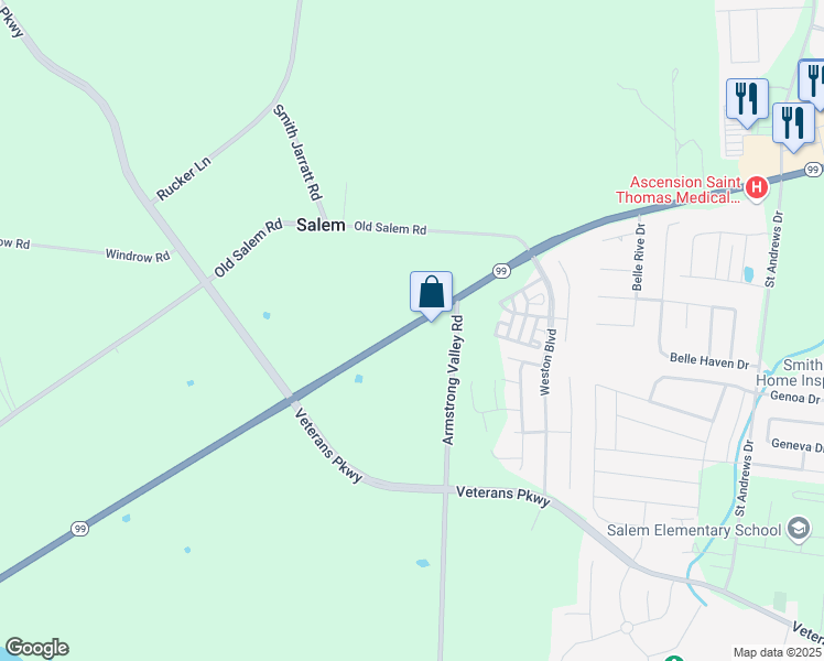 map of restaurants, bars, coffee shops, grocery stores, and more near 2911 State Highway 99 in Murfreesboro