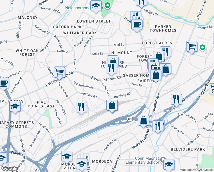 map of restaurants, bars, coffee shops, grocery stores, and more near 1708 Center Road in Raleigh