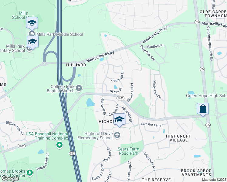 map of restaurants, bars, coffee shops, grocery stores, and more near Sykes Street in Cary