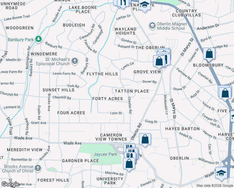 map of restaurants, bars, coffee shops, grocery stores, and more near 2317 Hathaway Road in Raleigh
