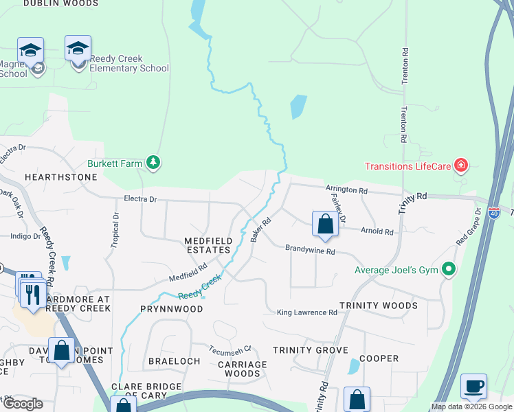 map of restaurants, bars, coffee shops, grocery stores, and more near 1815 Medfield Road in Raleigh