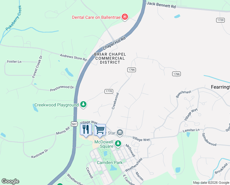 map of restaurants, bars, coffee shops, grocery stores, and more near 3 Benchmark in Pittsboro