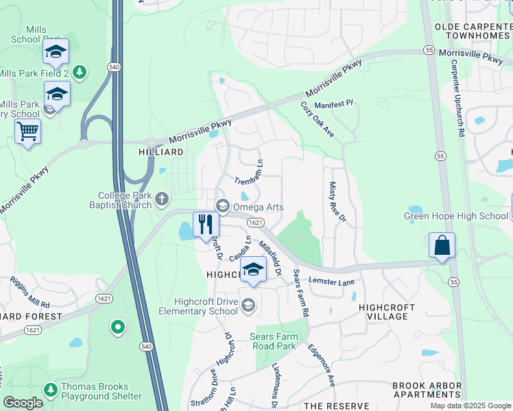 map of restaurants, bars, coffee shops, grocery stores, and more near 3905 Brokenshire Street in Cary
