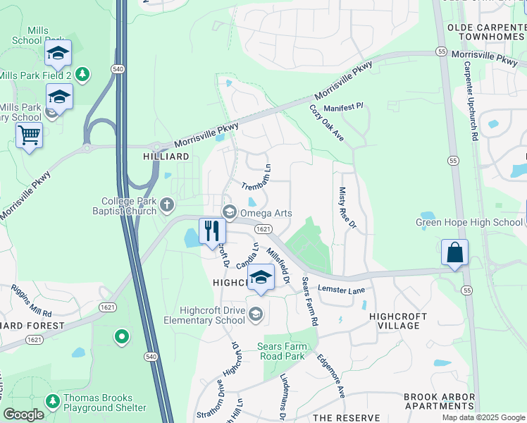 map of restaurants, bars, coffee shops, grocery stores, and more near 3905 Brokenshire Street in Cary