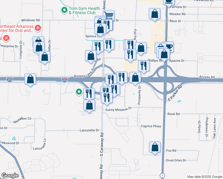 map of restaurants, bars, coffee shops, grocery stores, and more near 1806 West Parker Road in Jonesboro