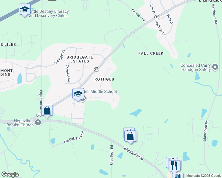 map of restaurants, bars, coffee shops, grocery stores, and more near 7313 Fribourg Court in Wendell