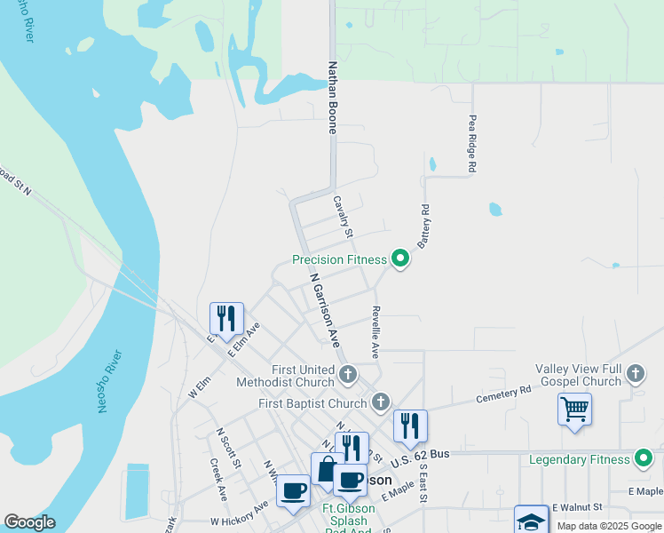 map of restaurants, bars, coffee shops, grocery stores, and more near 519 East Irving Street in Fort Gibson