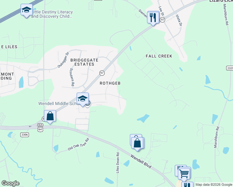 map of restaurants, bars, coffee shops, grocery stores, and more near 7309 Fribourg Court in Wendell