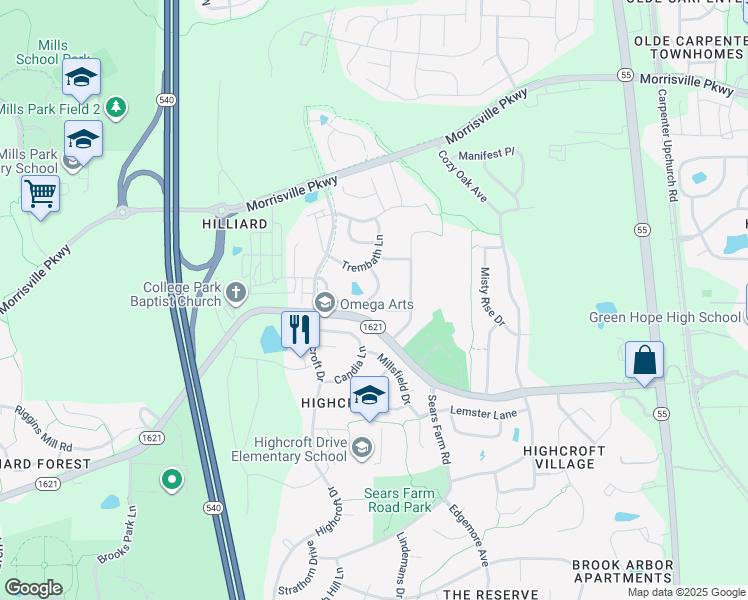 map of restaurants, bars, coffee shops, grocery stores, and more near 4016 Sykes Street in Cary