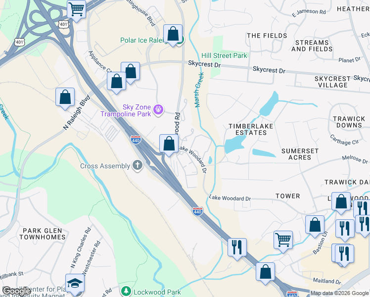 map of restaurants, bars, coffee shops, grocery stores, and more near 3001 Lake Woodard Drive in Raleigh