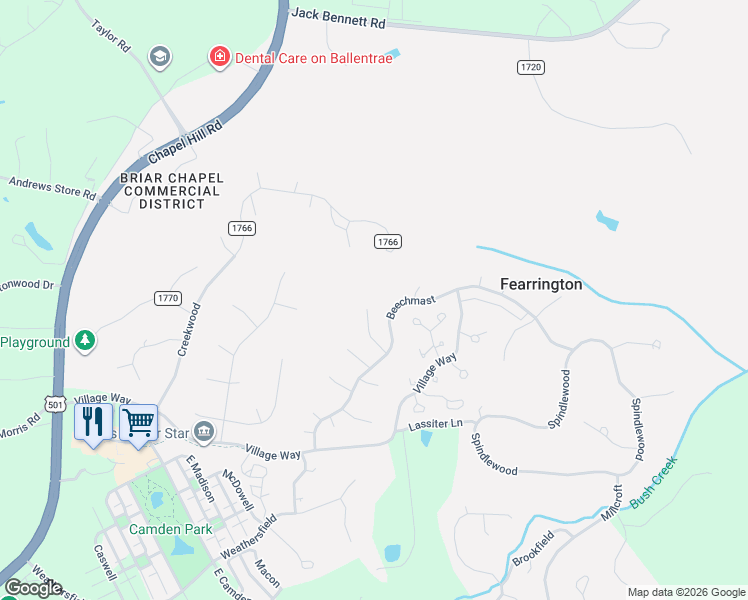 map of restaurants, bars, coffee shops, grocery stores, and more near 249 Fox Ridge Road in Pittsboro