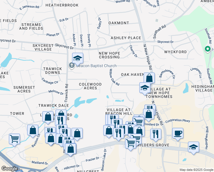 map of restaurants, bars, coffee shops, grocery stores, and more near 3905 Pin Oak Road in Raleigh