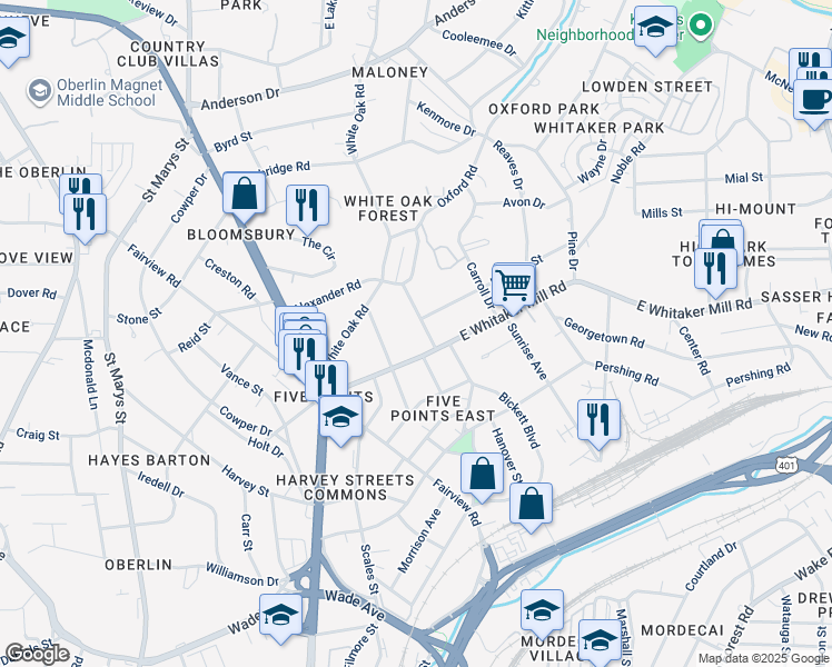 map of restaurants, bars, coffee shops, grocery stores, and more near 1911 McCarthy Street in Raleigh