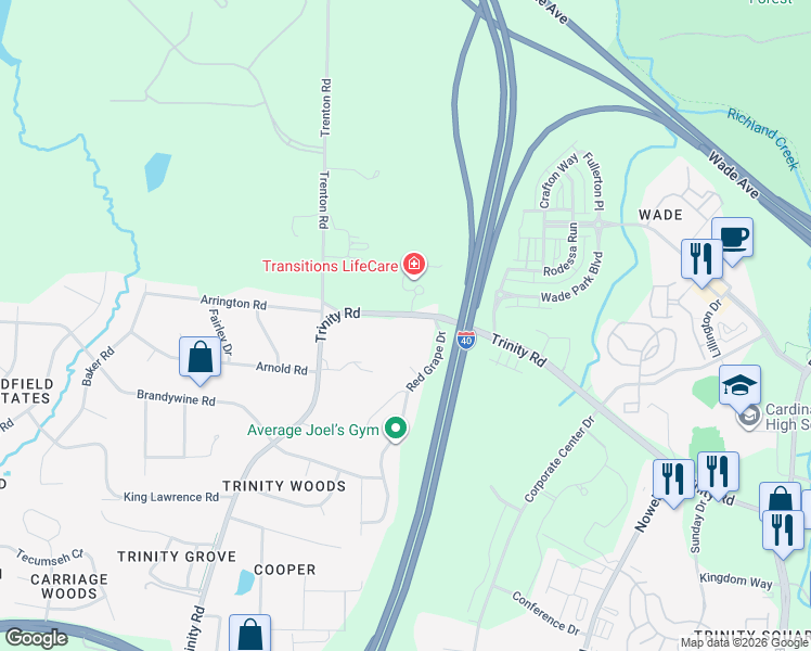 map of restaurants, bars, coffee shops, grocery stores, and more near 6009 Trinity Road in Raleigh