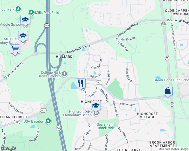 map of restaurants, bars, coffee shops, grocery stores, and more near 3215 Kempthorne Road in Cary