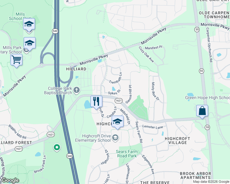 map of restaurants, bars, coffee shops, grocery stores, and more near 4016 Sykes Street in Cary