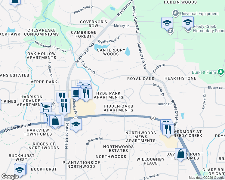 map of restaurants, bars, coffee shops, grocery stores, and more near 103 Hyde Park Court in Cary