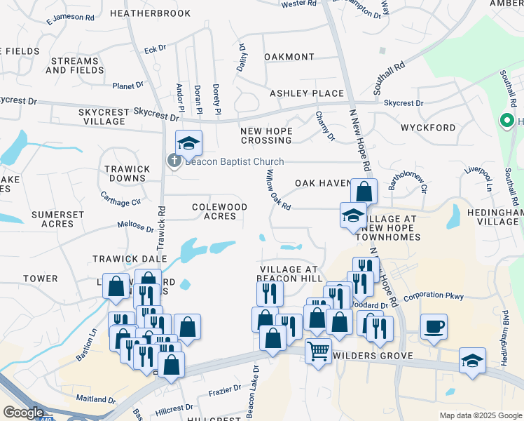 map of restaurants, bars, coffee shops, grocery stores, and more near 3905 Pin Oak Road in Raleigh