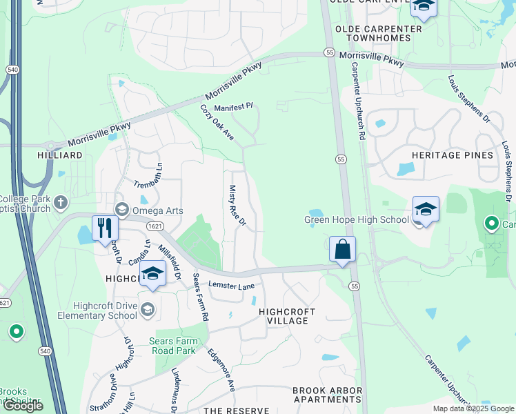 map of restaurants, bars, coffee shops, grocery stores, and more near 1124 Cozy Oak Avenue in Cary