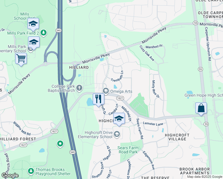 map of restaurants, bars, coffee shops, grocery stores, and more near 4132 Sykes Street in Cary