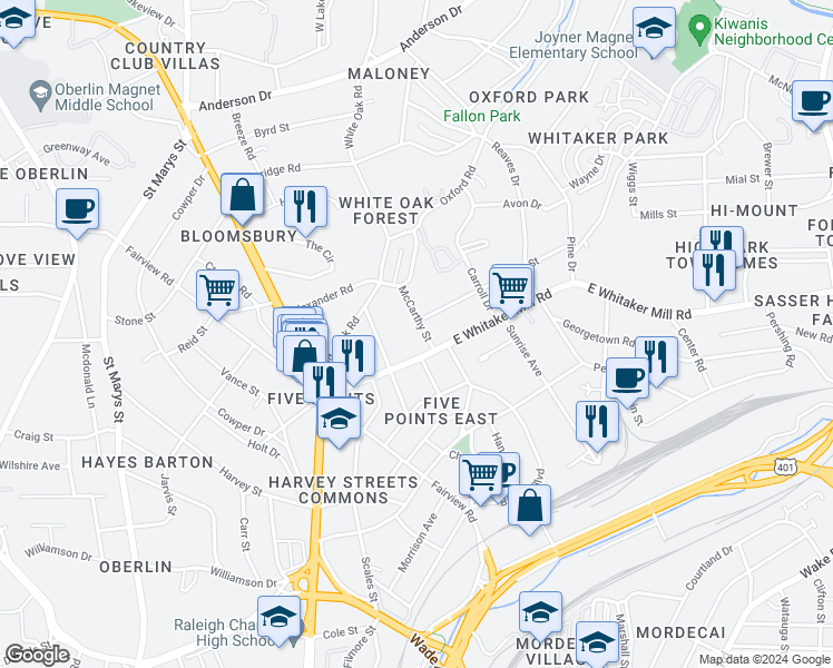 map of restaurants, bars, coffee shops, grocery stores, and more near 1911 McCarthy Street in Raleigh