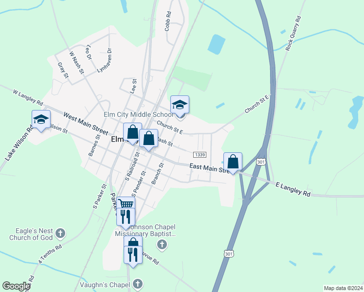 map of restaurants, bars, coffee shops, grocery stores, and more near 309 East Nash Street in Elm City