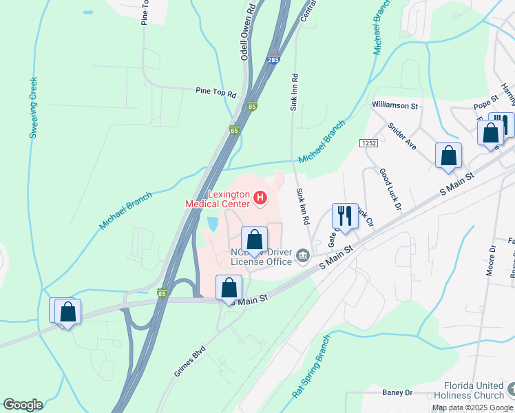 map of restaurants, bars, coffee shops, grocery stores, and more near 250 Hospital Drive in Lexington