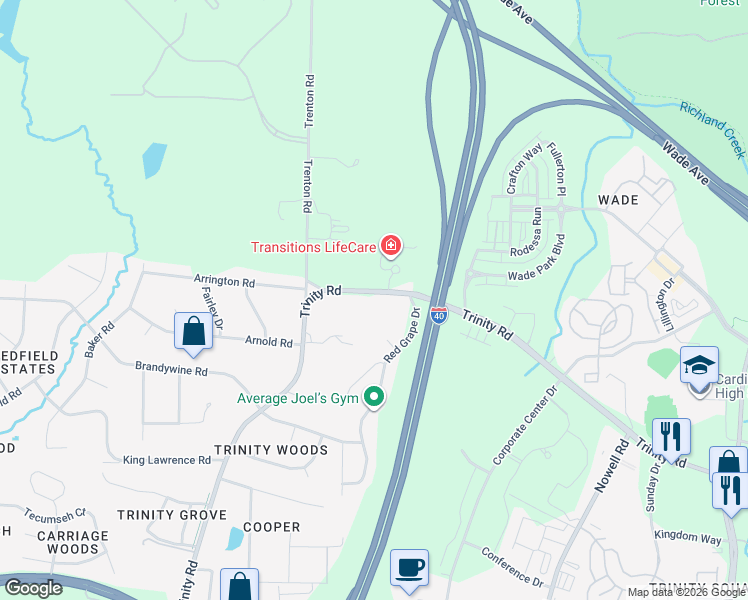 map of restaurants, bars, coffee shops, grocery stores, and more near 6009 Trinity Road in Raleigh