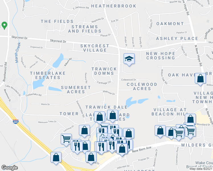 map of restaurants, bars, coffee shops, grocery stores, and more near 1908 Carthage Circle in Raleigh