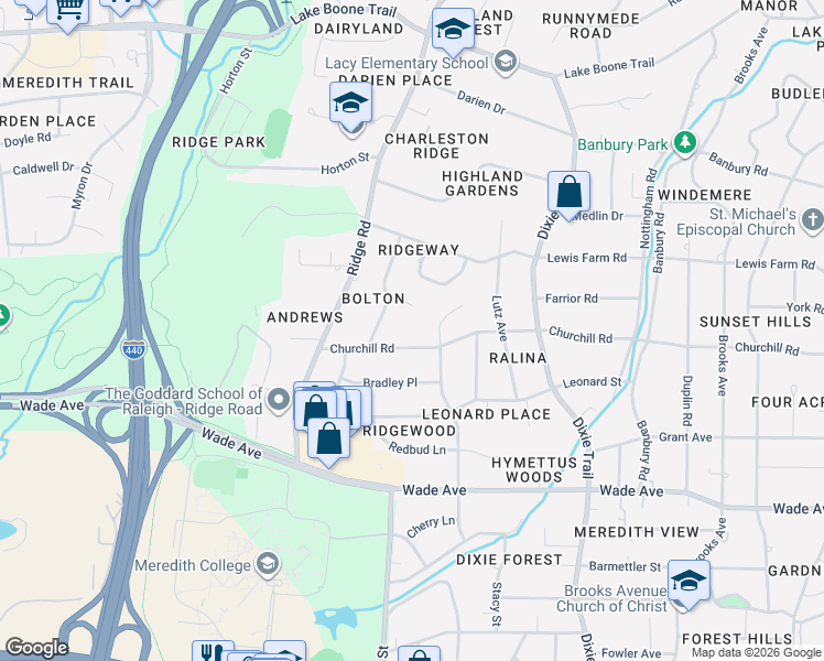 map of restaurants, bars, coffee shops, grocery stores, and more near 3401 Elvin Court in Raleigh