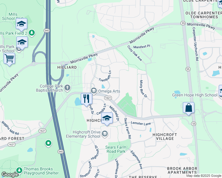 map of restaurants, bars, coffee shops, grocery stores, and more near 4029 Sykes Street in Cary