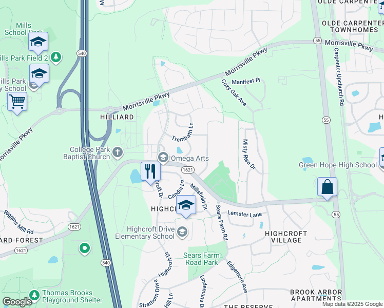 map of restaurants, bars, coffee shops, grocery stores, and more near 4029 Sykes Street in Cary