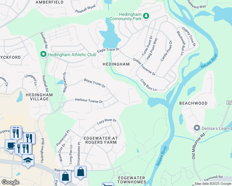 map of restaurants, bars, coffee shops, grocery stores, and more near 8873 Harbour Towne Drive in Raleigh