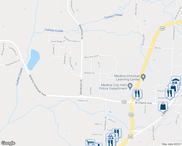 map of restaurants, bars, coffee shops, grocery stores, and more near 208 Dana Drive in Medina