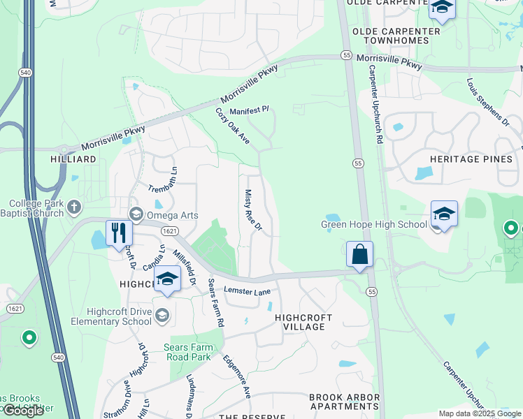 map of restaurants, bars, coffee shops, grocery stores, and more near 1133 Cozy Oak Avenue in Cary