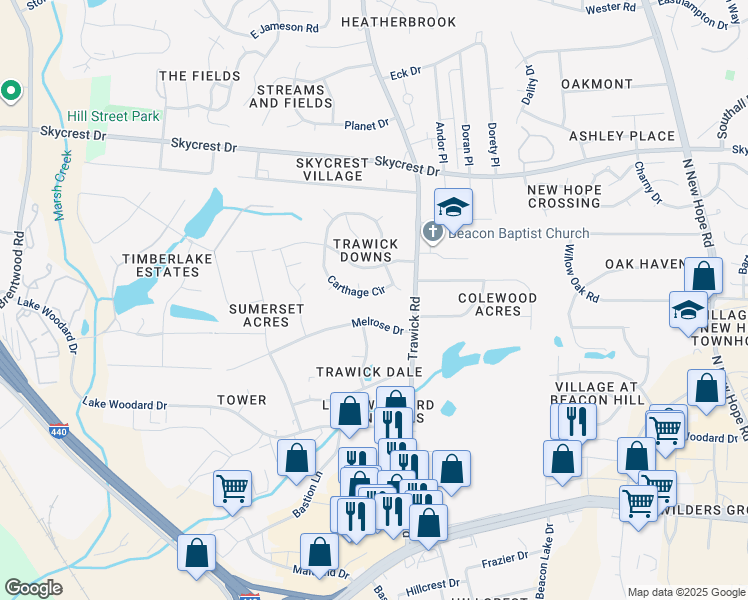 map of restaurants, bars, coffee shops, grocery stores, and more near 1908 Carthage Circle in Raleigh