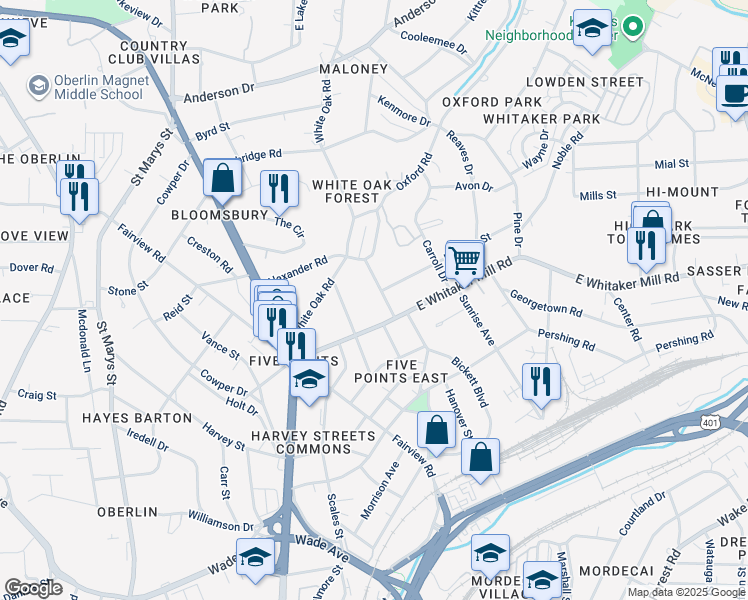 map of restaurants, bars, coffee shops, grocery stores, and more near 1913 McCarthy Street in Raleigh