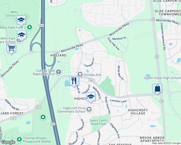 map of restaurants, bars, coffee shops, grocery stores, and more near Sykes Street in Cary