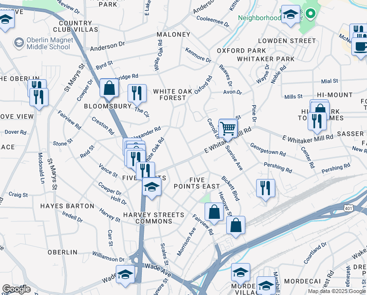 map of restaurants, bars, coffee shops, grocery stores, and more near 1913 McCarthy Street in Raleigh